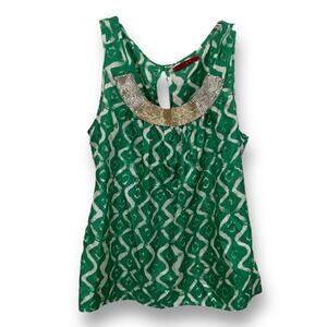 VELVET  Sleeveless Blouse SIZE SMALL Green Silk Print with Beaded Yoke Tank Top